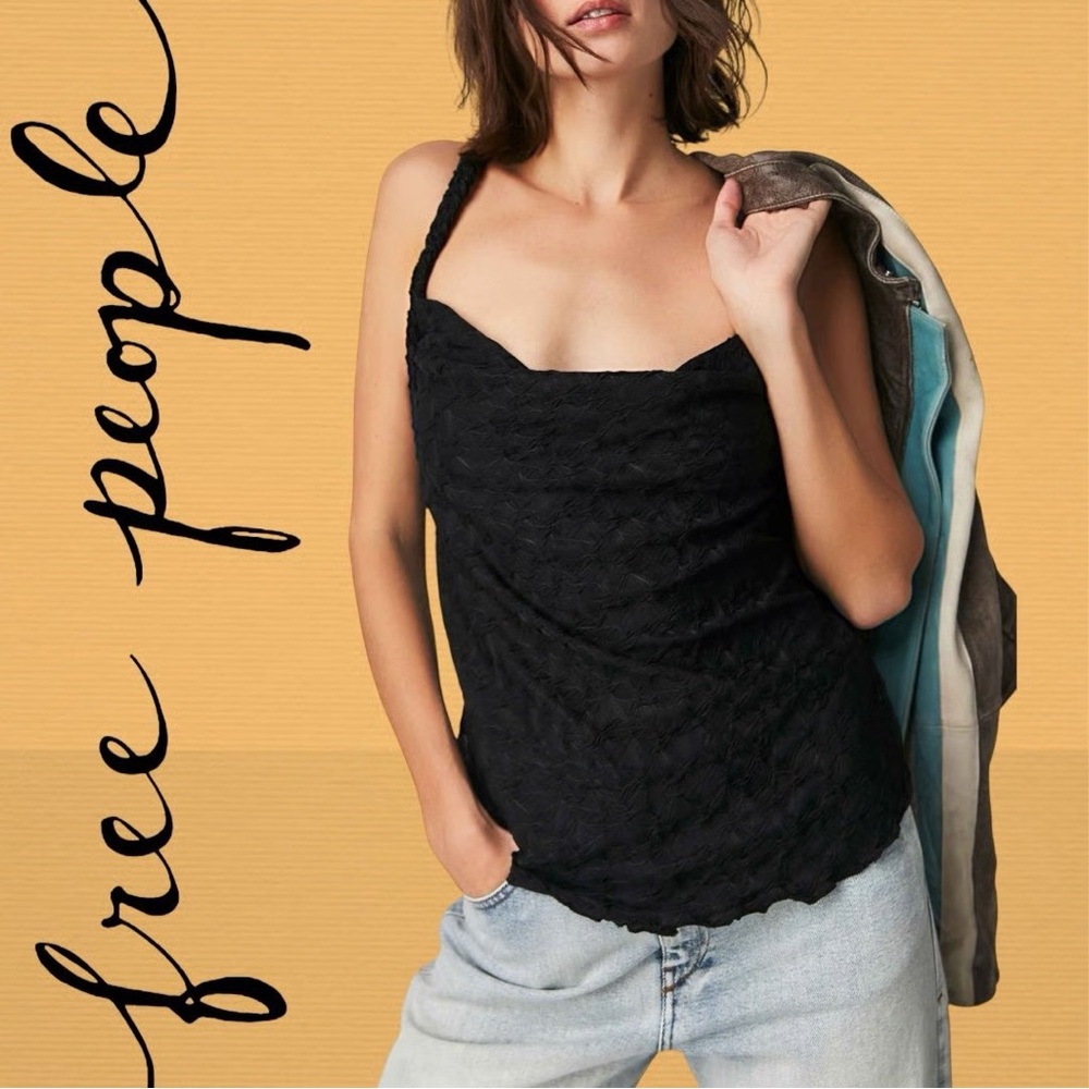 FREE PEOPLE Mykonos Jacquard Cowl Neckline/Braided Straps Tank Top in black